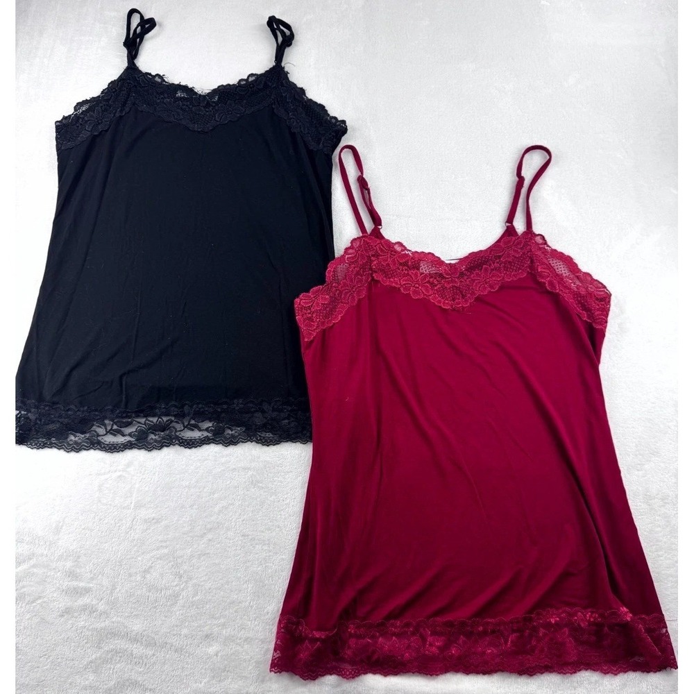 Kate Kasin Lace Trim Tank Top Women Small Black & Red Spaghetti Straps-Pack Of 2